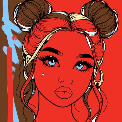 realistic girl with two buns on her hair and lips