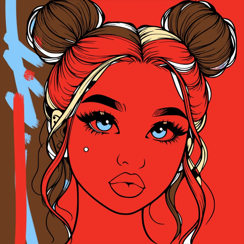 realistic girl with two buns on her hair and lips