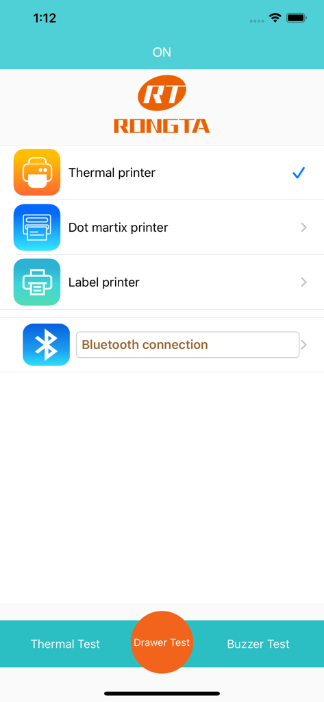 Rongta RTPrinter System app interface with printer type selection and Bluetooth connection settings