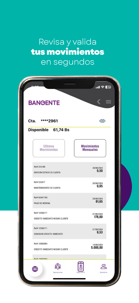 Bangente Móvil - A smartphone displaying the bank account transaction history and balance within the Bangente Movil app interface.