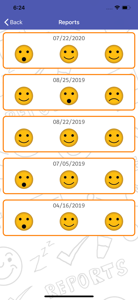 iCare Kids - Liste der täglichen Fortschrittsberichte mit Datum und Stimmungs-Emojis zur Verfolgung des Kindes