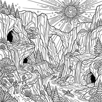 Embark on an epic summer journey with this intricate coloring page featuring stunning limestone canyons. Discover hidden caves, cascading waterfalls, and active adventurers enjoying the vibrant sunny season.