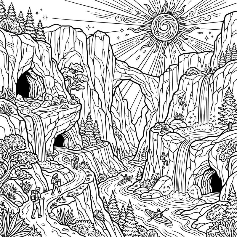Embark on an epic summer journey with this intricate coloring page featuring stunning limestone canyons. Discover hidden caves, cascading waterfalls, and active adventurers enjoying the vibrant sunny season.