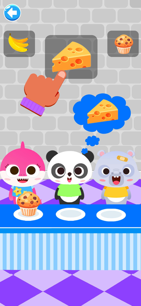 Kids Puzzle ABC Learning Games - A hand drags a cheese wedge to a panda character in a food matching game for kids.