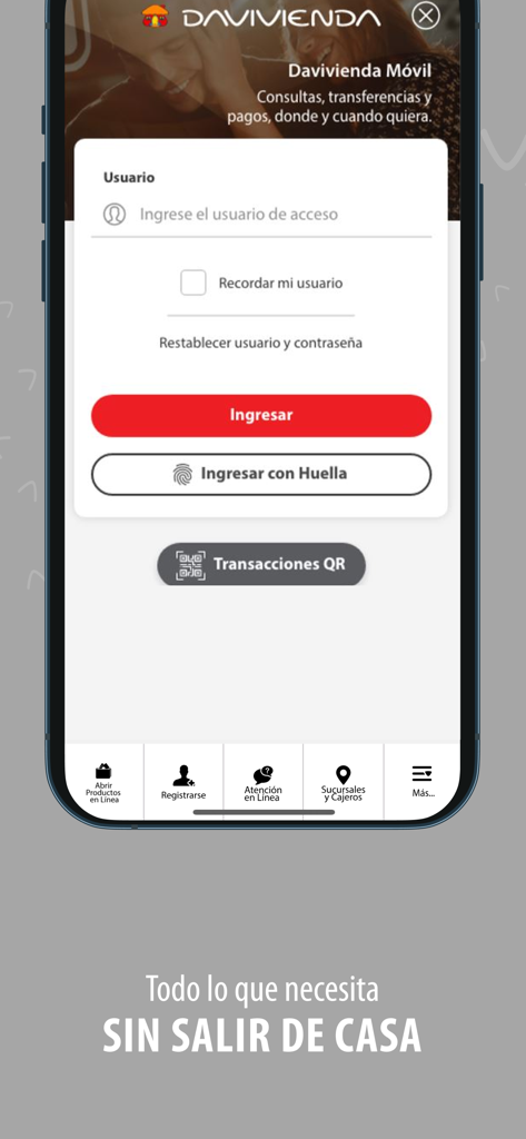 Davivienda El Salvador - Interfaz de inicio de sesión de la aplicación de banca móvil Davivienda El Salvador con opciones para ingresar nombre de usuario e inicio de sesión biométrico por huella digital