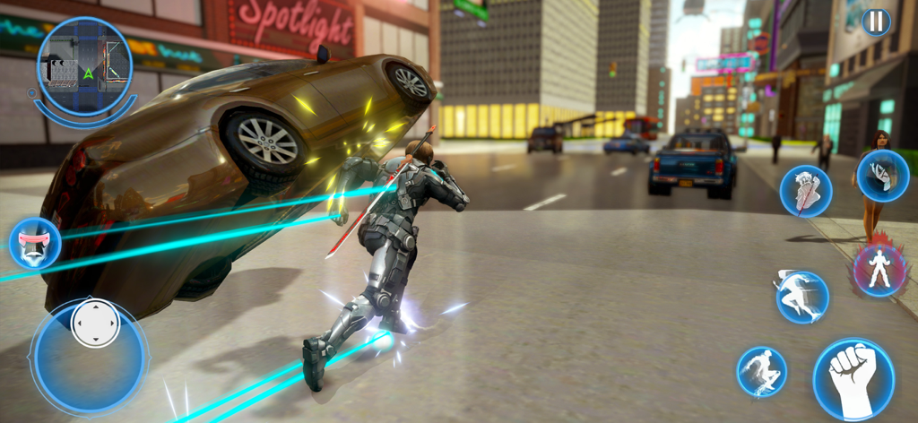 Grand Superhero Spider League - A superhero character in a robotic suit running through a city street next to a flipped car in the Grand Superhero Spider League game.