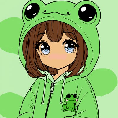 cute realistic girl in a froggy hoodie