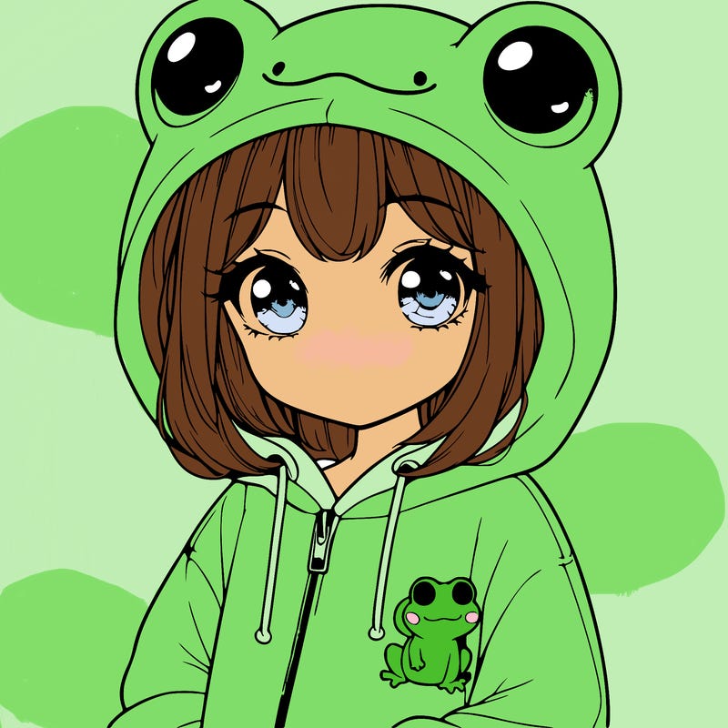 cute realistic girl in a froggy hoodie