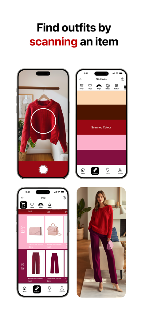 Colour Varia - Screenshots of Colour Varia app showing how to scan a piece of clothing to generate a personalized color palette and shop for matching outfits.