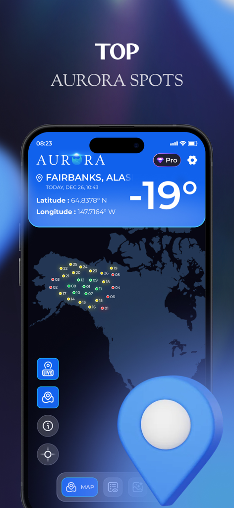 Interfaz de la aplicación Aurora Forecast mostrando un mapa de los mejores lugares para ver auroras en Fairbanks, Alaska, con la temperatura actual