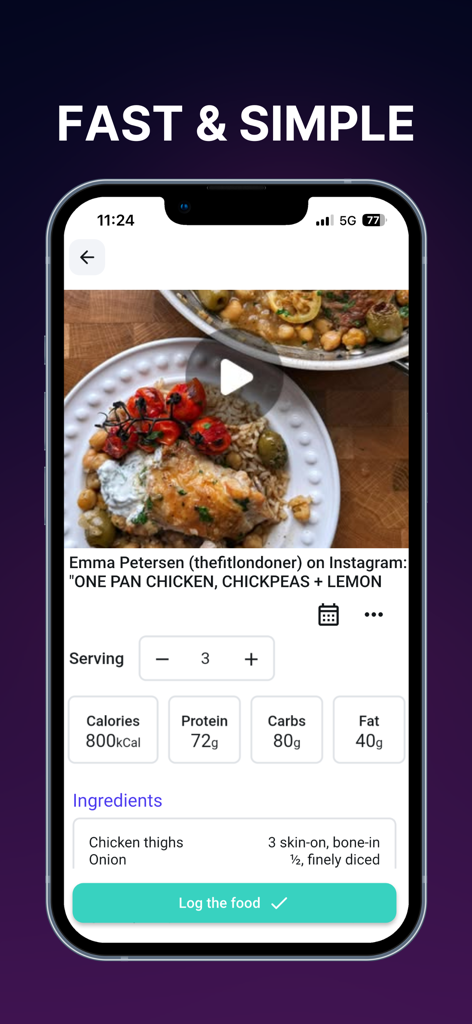 Hero - Coach AI - Interface of Hero Coach AI app showing an imported Instagram recipe with calories and macro tracking