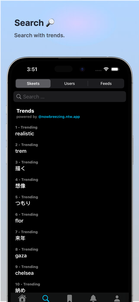 Skeets for Bluesky search interface with a list of trending topics