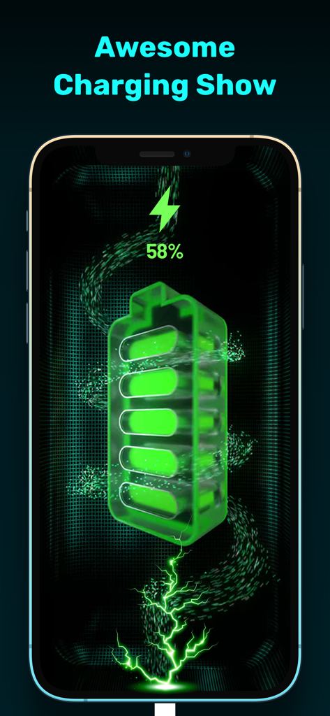 Dream Photo: AI Generator - 3D green glowing battery charging animation on an iPhone screen