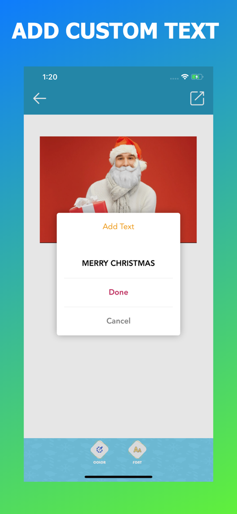 A screenshot of the Add Santa to your photo app showing how to add custom text like Merry Christmas to a holiday picture