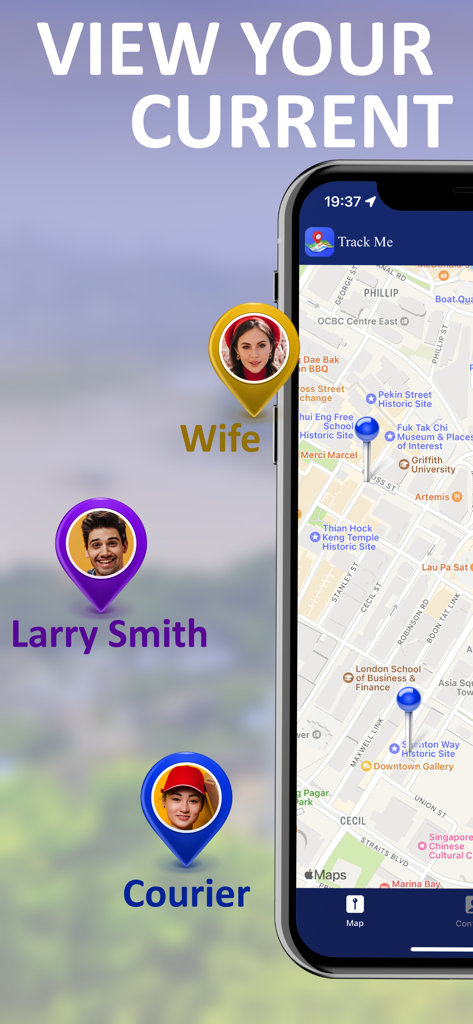 Track Me - GPS Live Tracking - Track Me app interface showing live GPS tracking for a wife, Larry Smith, and a courier on a map.