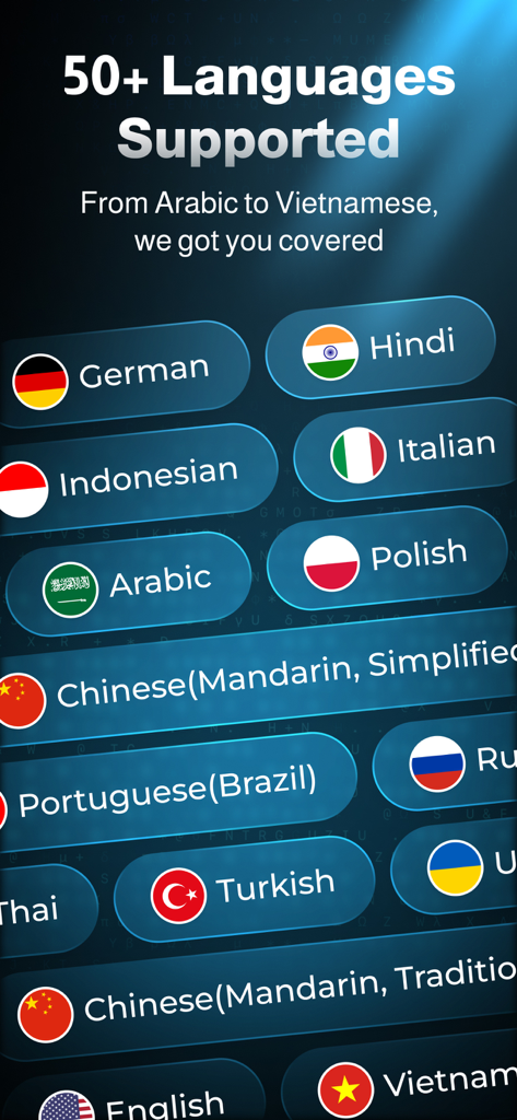 AutoSub - Video Translator - A list of over 50 languages supported by the AutoSub video translator app