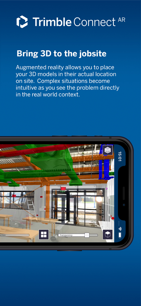 Trimble Connect AR App zeigt ein 3D BIM-Modell, das über eine reale Baustelle gelegt wird