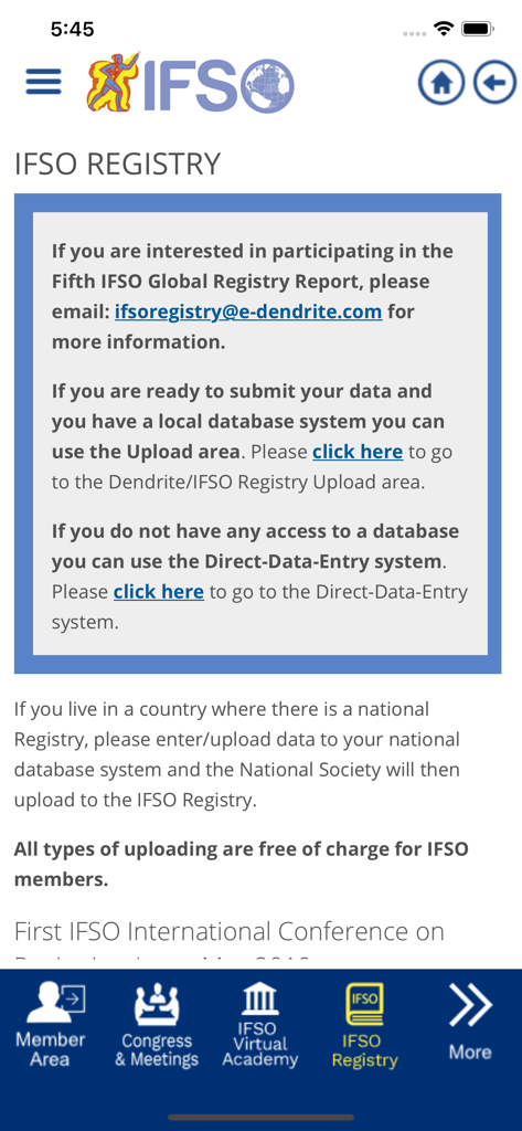 IFSO - Screenshot of the IFSO mobile app showing the registry section for medical data submission