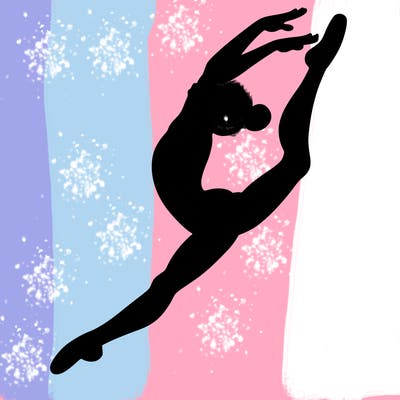 gymnast doing a leap in a leotard with a bent back leg