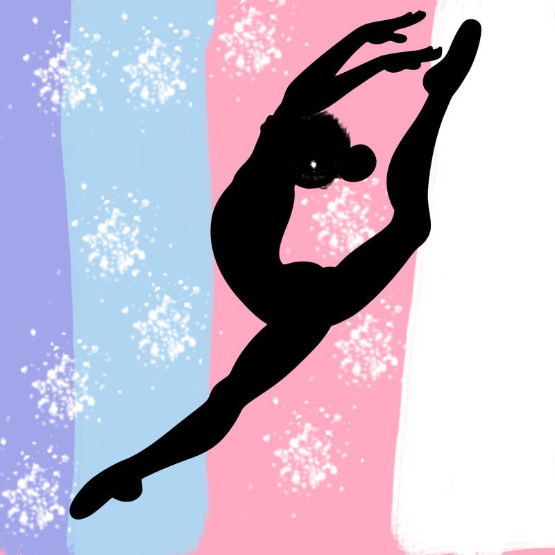gymnast doing a leap in a leotard with a bent back leg