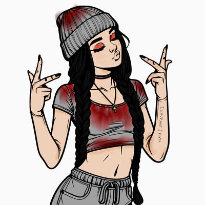 realistic teenage girl with braids and a beanie and crop top doing 🫶🏼