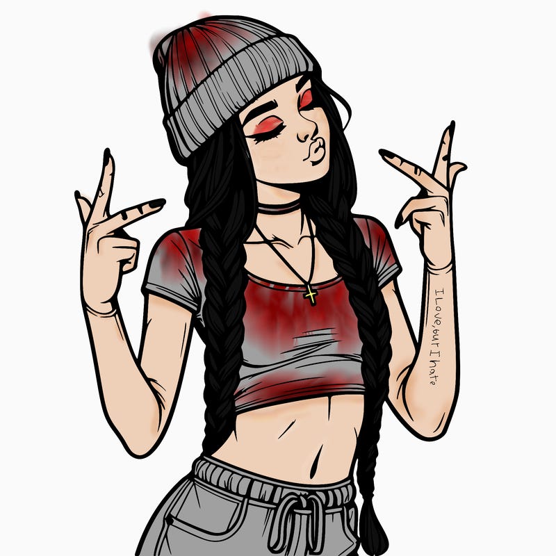 realistic teenage girl with braids and a beanie and crop top doing 🫶🏼