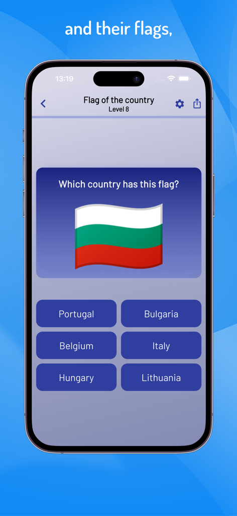 Quiz World Countries & Cities - A mobile app screen showing a multiple choice geography quiz for identifying world flags