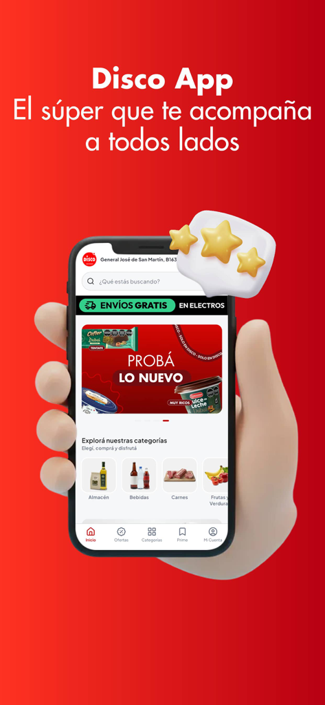 Mobile interface of the Disco Argentina supermarket app featuring product categories and promotions
