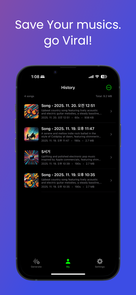 HumToSong - HumToSong app interface showing a history list of AI generated music tracks with descriptions and dates.