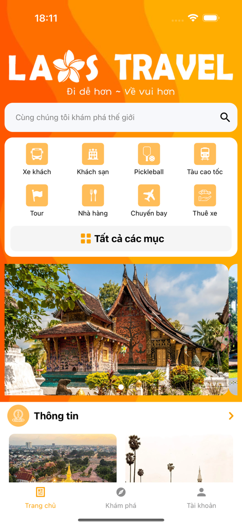 Lao Travel - Lao Travelアプリのホーム画面には、ホテル、交通手段、ツアー予約のアイコンが表示されています。