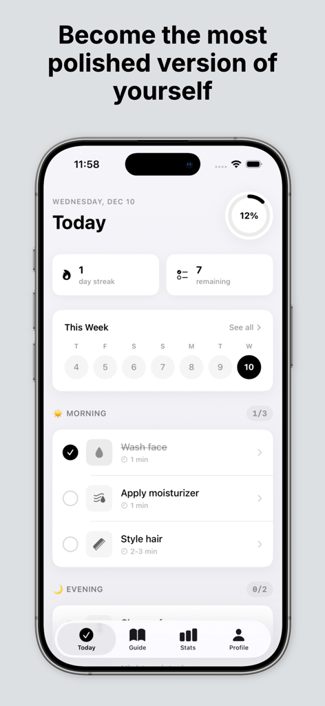 Brad: Face Care & Grooming - 男性向けの毎日のグルーミングルーチンと習慣トラッカーを示すBradアプリのスクリーンショット
