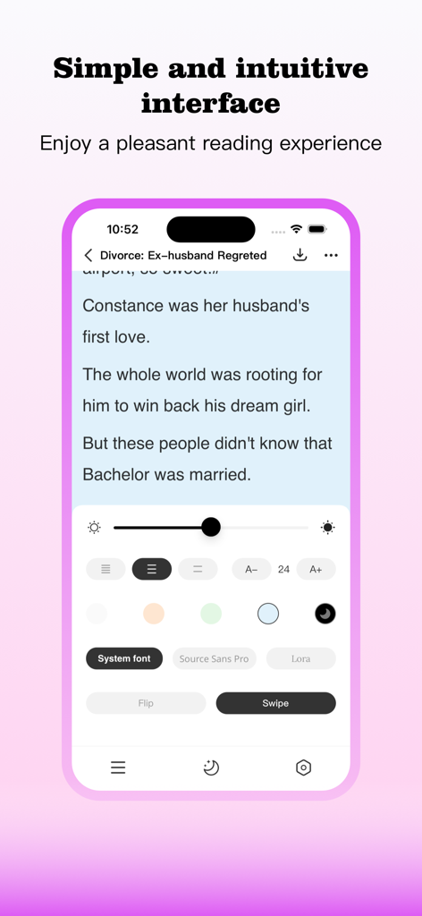 StoryHub:Novels&Stories&Books - Una captura de pantalla que muestra la interfaz de lectura simple e intuitiva de StoryHub con opciones de texto y fondo personalizables.