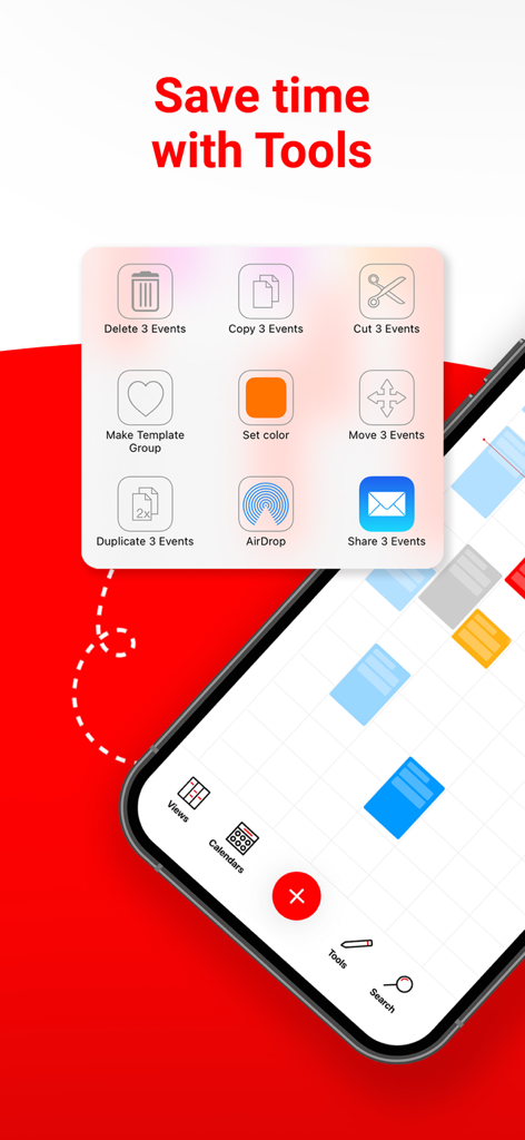 Screenshot der Week Calendar App, der das Tools-Menü für die Stapelbearbeitung von Kalenderereignissen wie Kopieren, Verschieben und Löschen zeigt