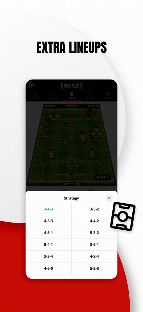 Biwenger app interface showing soccer team lineup and strategy formation options