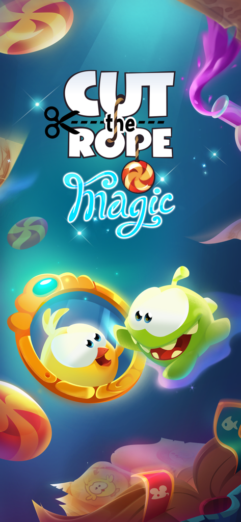 Title screen for Cut the Rope Magic featuring Om Nom and a magical bird transformation in a mirror.
