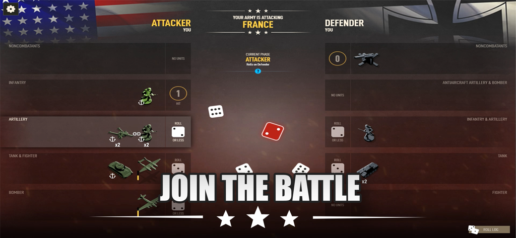 Una escena de batalla en Axis and Allies 1942 Online mostrando al ejército de EE. UU. atacando Francia con tiradas de dados y estadísticas de unidades.