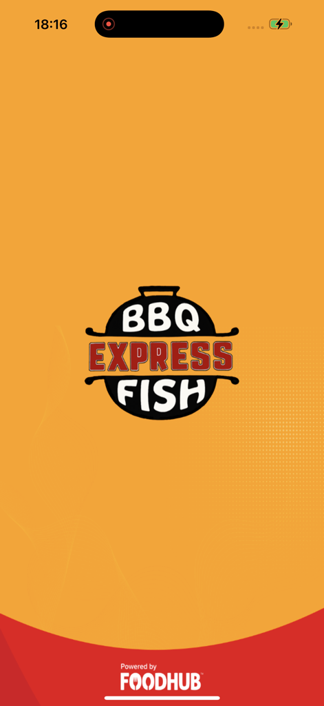 Express BBQ - Splash screen of the Express BBQ mobile app featuring the restaurant logo and Foodhub branding on an orange background