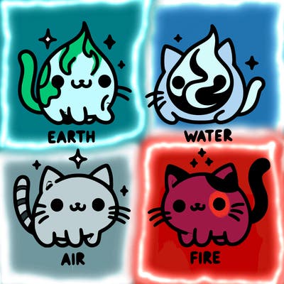 4 cats that represent the different elements, earth, water, air, and fire
