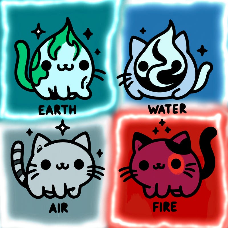 4 cats that represent the different elements, earth, water, air, and fire