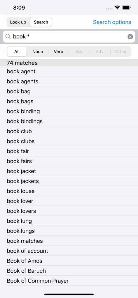 WordWeb Dictionary app interface showing search results for the wildcard pattern book asterisk