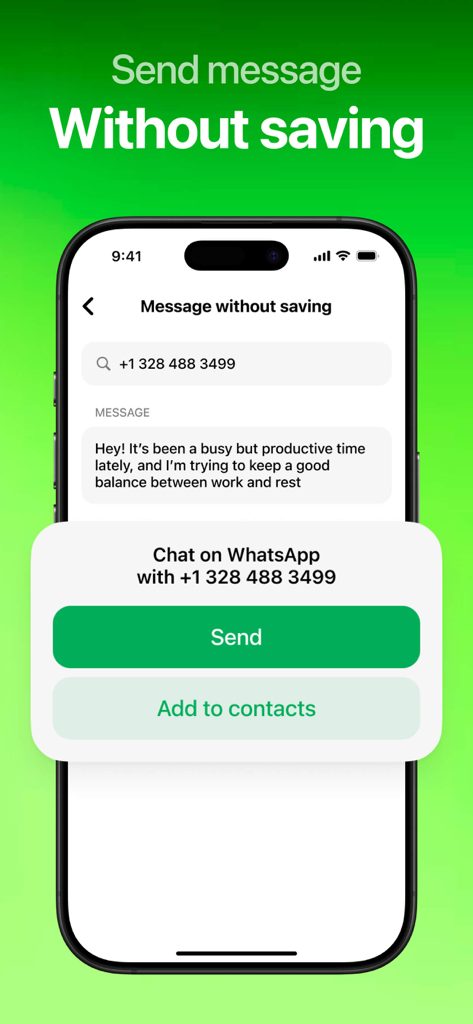 Interfaz de la aplicación que muestra la opción de enviar un mensaje de WhatsApp a un número de teléfono sin guardarlo como contacto