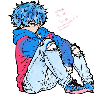 a male hoddie ripped jeans messy hair anime