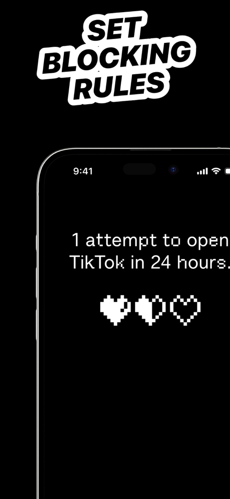 Interfaz de la aplicación Lifeback que muestra las reglas de bloqueo para TikTok con una barra de vida de tres corazones.
