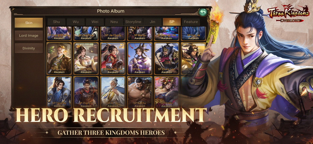 Three Kingdoms Overlord hero recruitment screen showing collectible character cards
