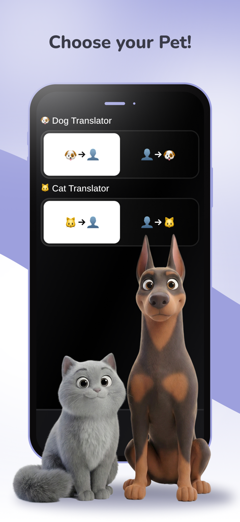 Cat & Dog Translator: Dog Talk - Interface of the Cat and Dog Translator app showing the pet selection screen with a cartoon cat and dog.