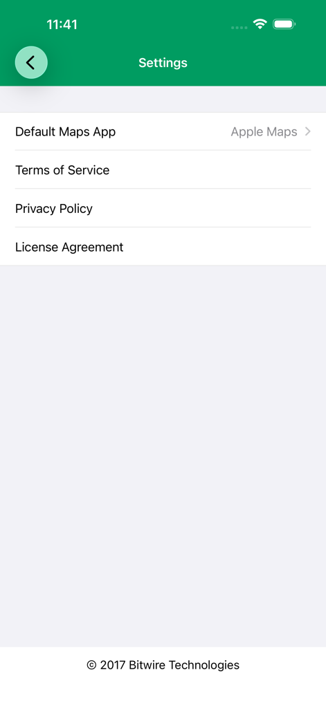 Settings screen of the GPS Format Converter app showing options to choose the default maps app and legal information