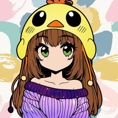 anime girl with chick shaped hat with sweater with bare shoulders with bangs covering them one eye with low tail