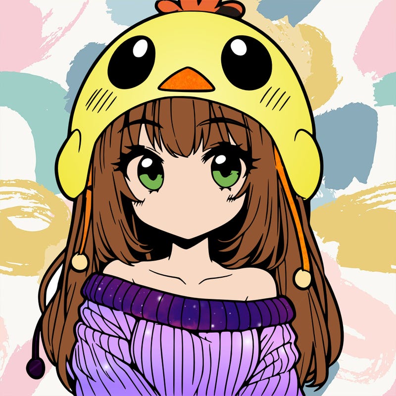 anime girl with chick shaped hat with sweater with bare shoulders with bangs covering them one eye with low tail
