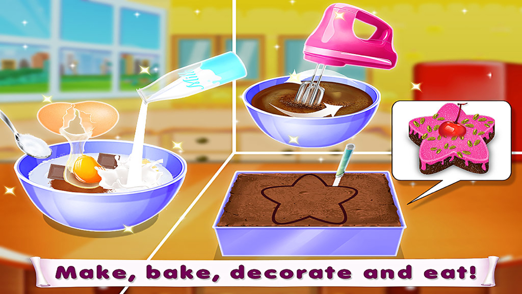 Interface showing steps to mix ingredients and decorate a star shaped brownie in a cooking game