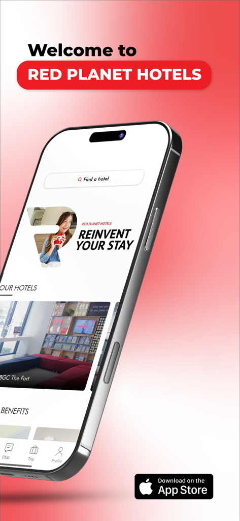 iPhone displaying the Red Planet Hotels app home screen with a hotel search bar and a banner saying Reinvent Your Stay